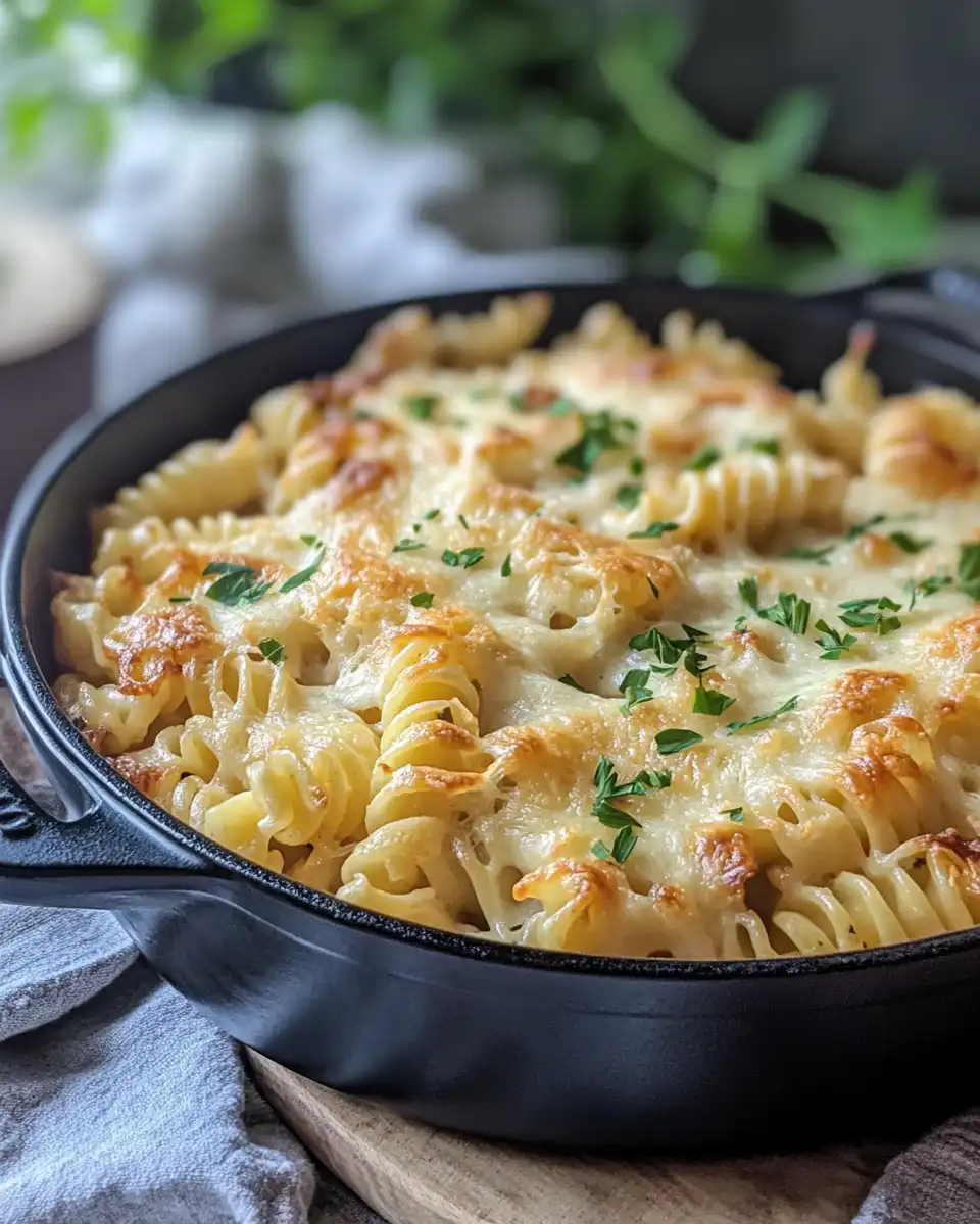 Plated one pot French onion pasta ready to serve with melted gruyere