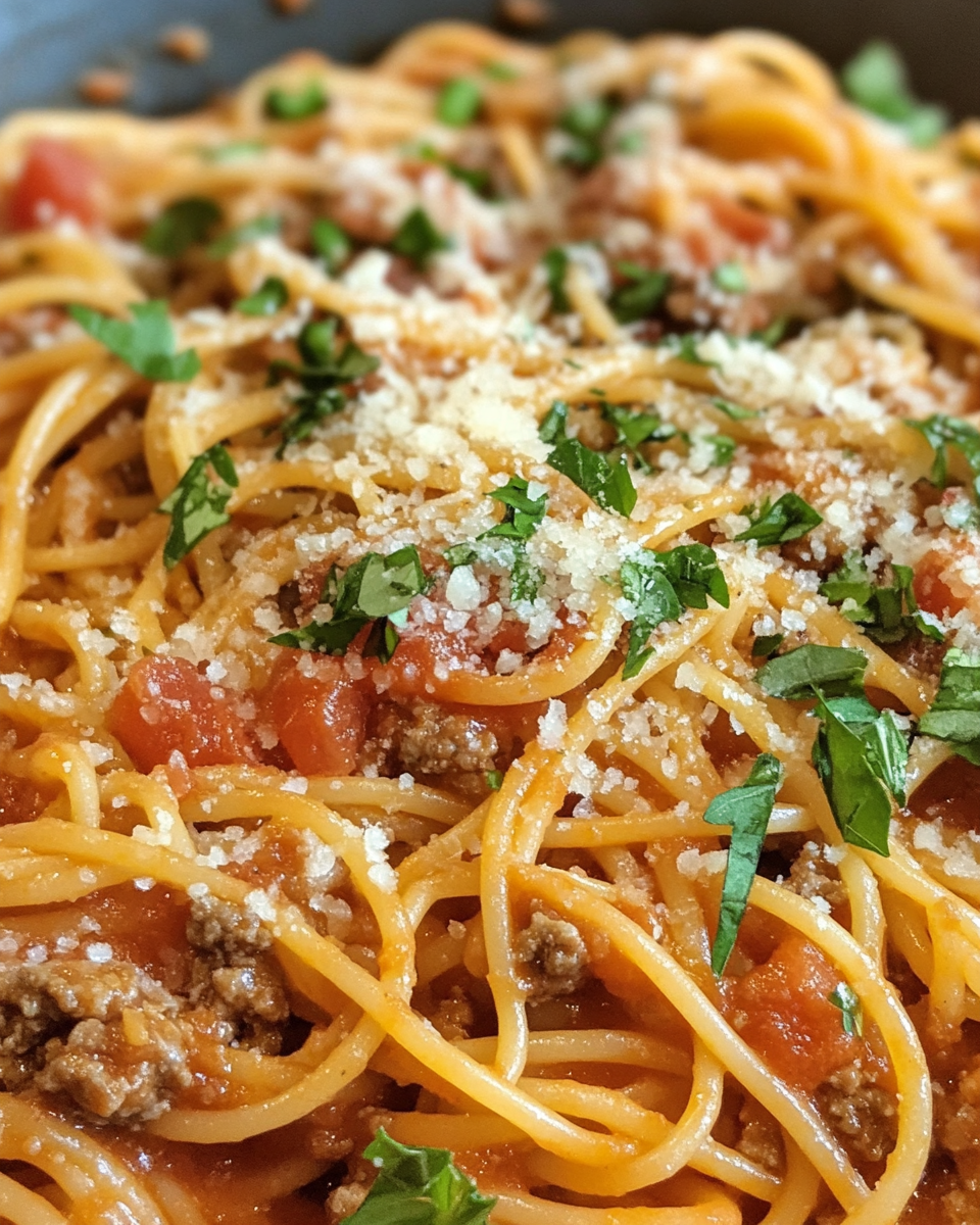 Ingredients laid out for one pot spaghetti recipe including Italian sausage, onion, garlic, tomato basil sauce and spaghetti noodles
