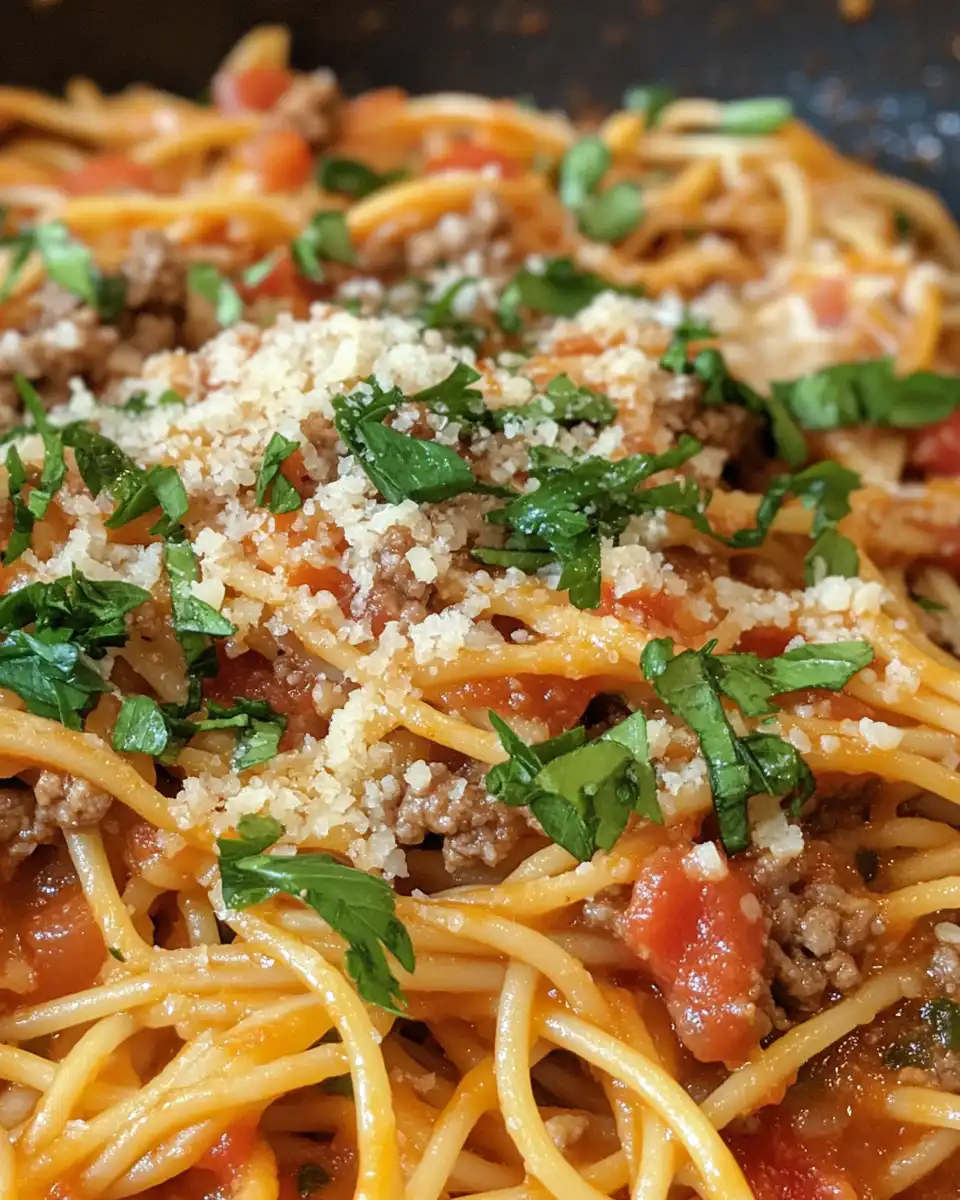 Deliciously plated one pot spaghetti with fresh Parmesan and basil garnish