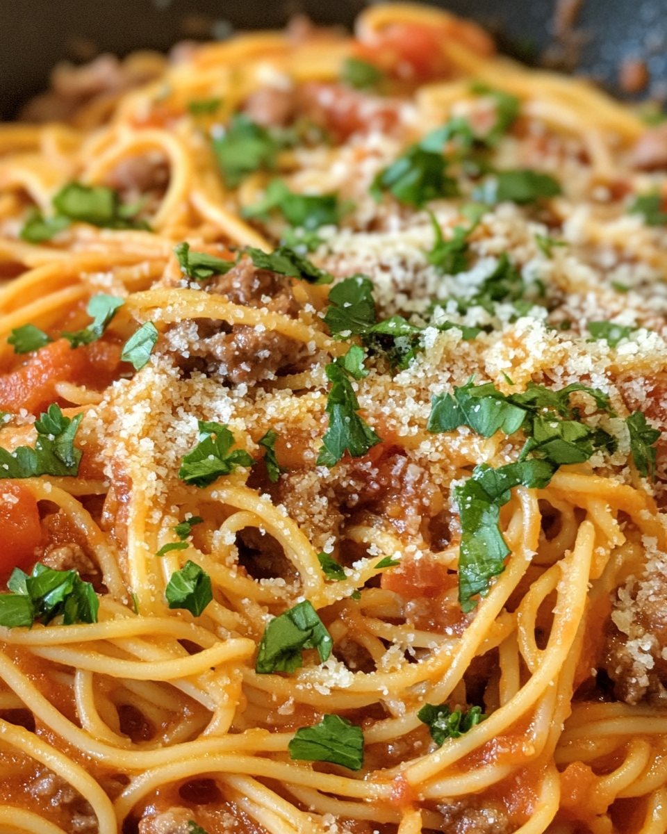 One pot spaghetti simmering in a pressure cooker with rich tomato-basil sauce and sausage