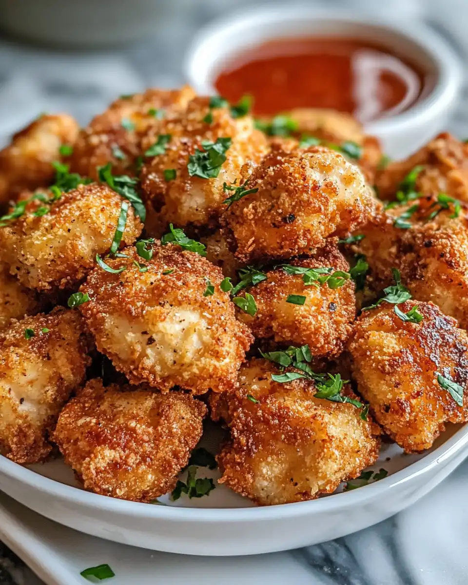 Juicy golden-brown oven baked chicken bites ready to serve