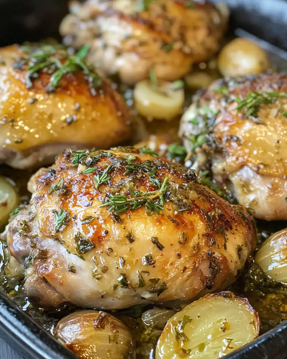 Plated oven roasted French garlic chicken with crispy skin and sauce