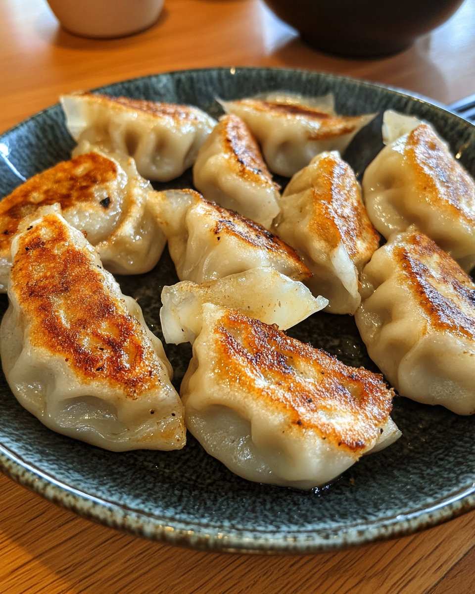 Crispy-bottom pan-fried pork dumplings served with chili oil