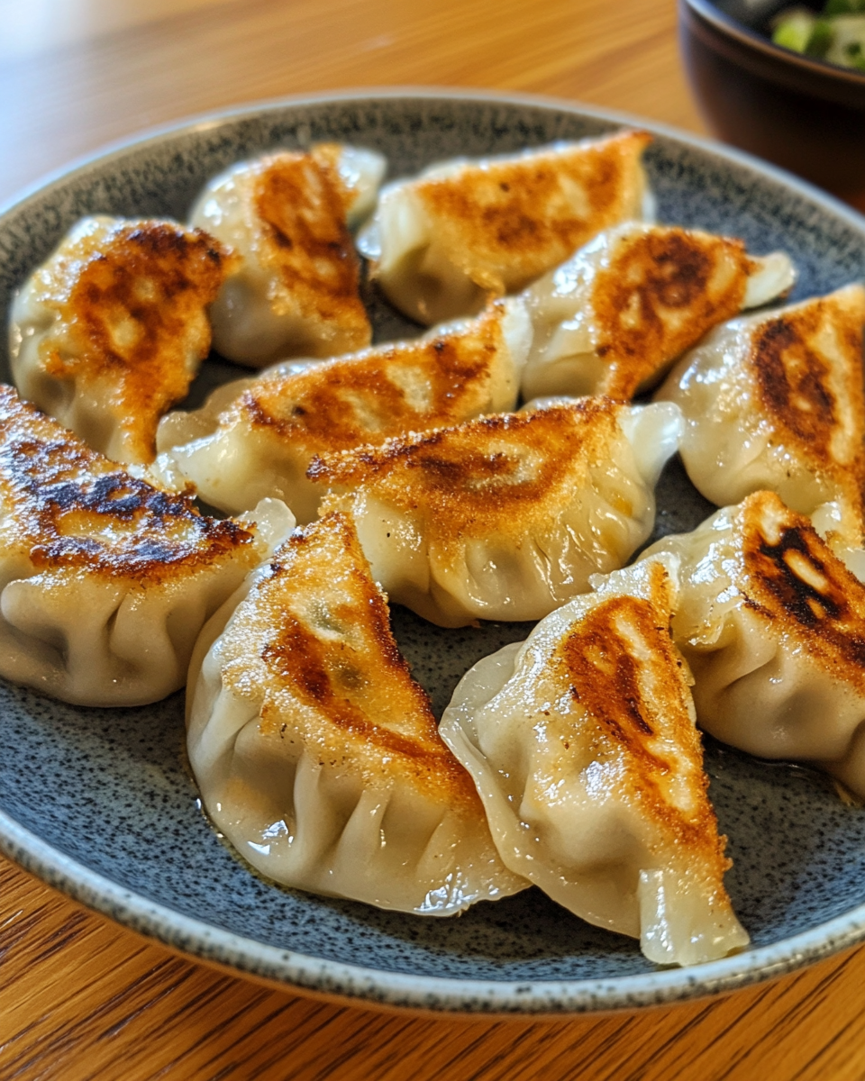 Golden pan-fried pork dumplings sizzling in skillet