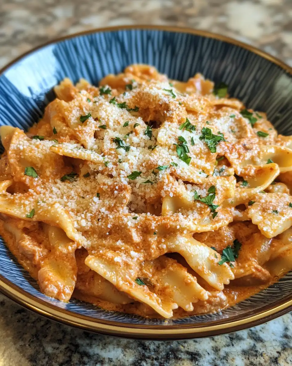 Final creamy roasted red pepper chicken topped with parmesan cheese served in skillet