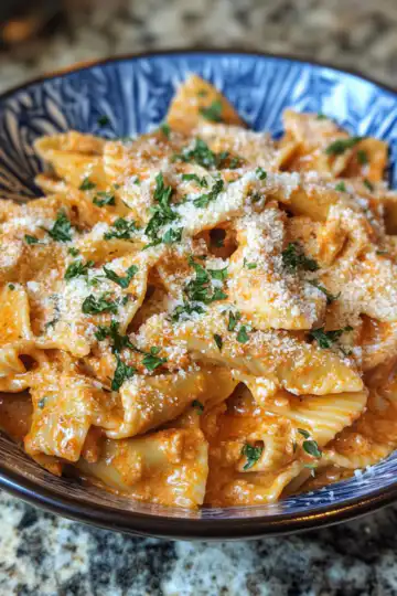 Parmesan Roasted Red Pepper Chicken Bowties In Garlic Cream Recipe taken with iphone 15 pro max --iw 2 --ar 4:5 --v 6.1 --raw