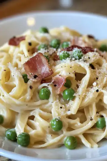 Pasta Peas Bacon taken with iphone 15 pro max --iw 2 --ar 4:5 --v 6.1 --raw