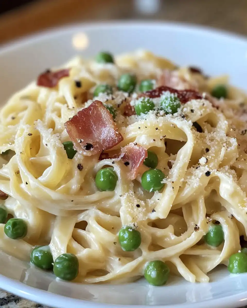 Close-up of creamy linguini pasta with peas and crispy bacon in a pressure cooker