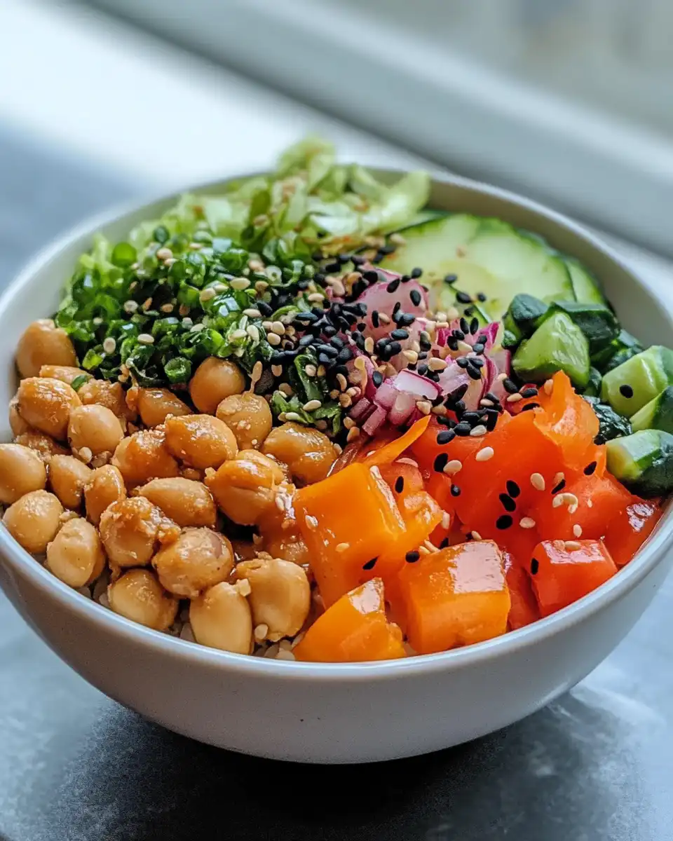 Ingredients laid out for peanut Buddha bowl including tofu, broccoli, chickpeas