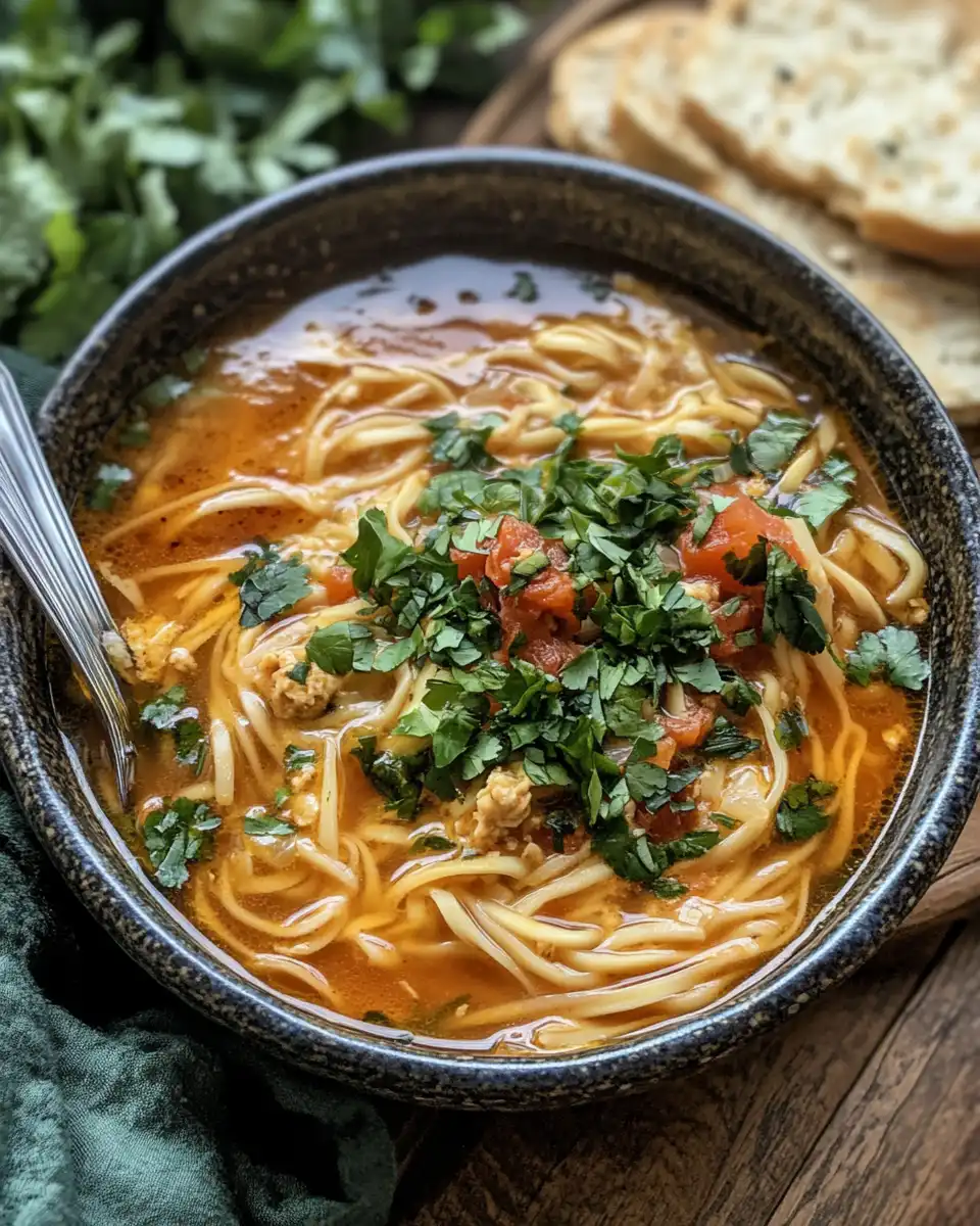 Finished Ash Reshteh soup served in a bowl topped with fried mint