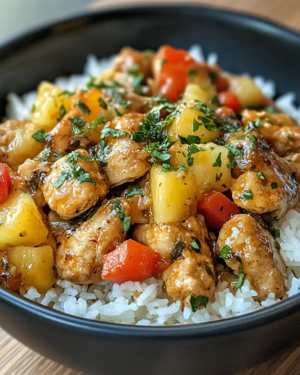 Ingredients for pineapple chicken and rice arranged on a kitchen counter
