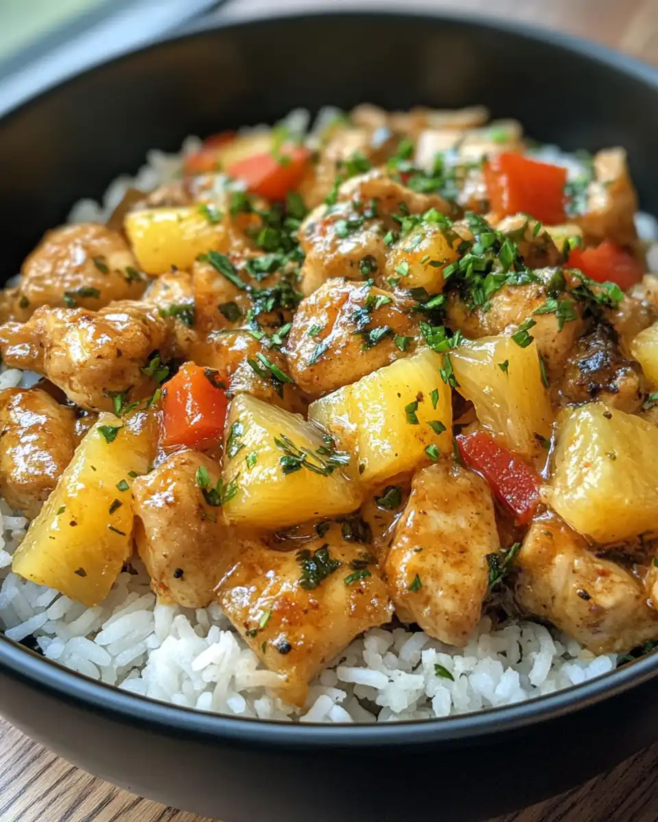 Final plated pineapple chicken and coconut rice with fresh avocado garnish