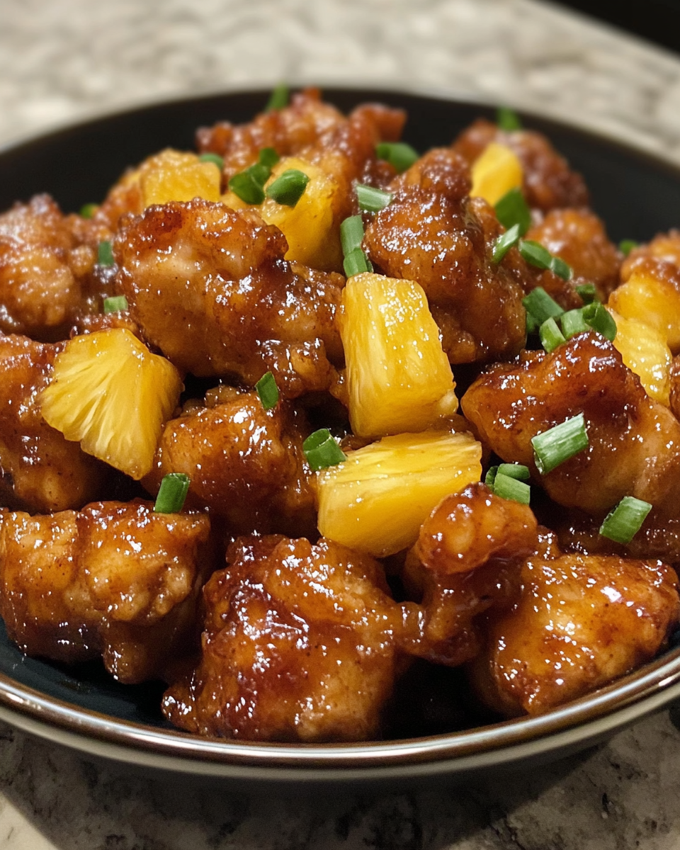 Close-up of pineapple chicken cooking with steam and sauce in pot