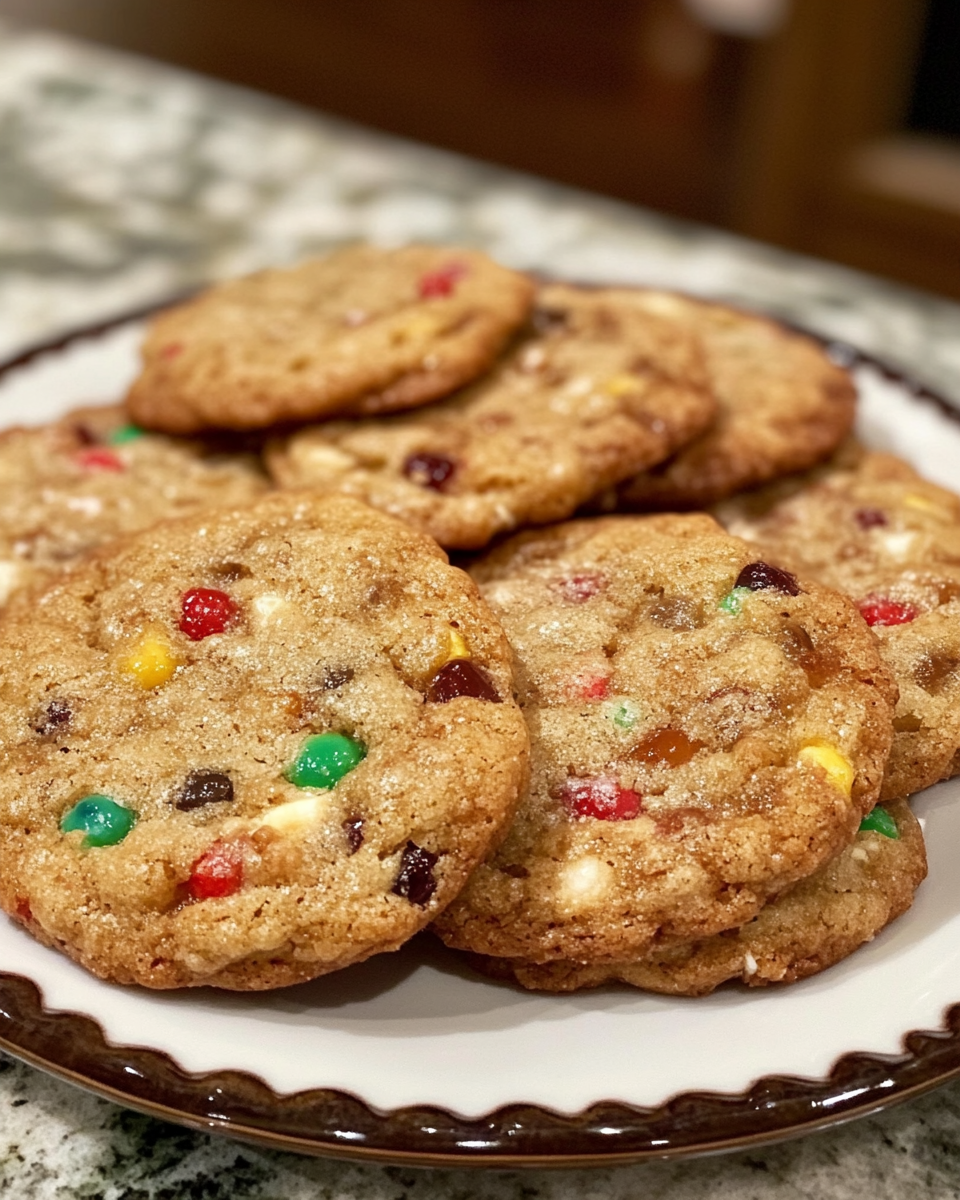 Freshly baked fruitcake cookies piled on a festive plate