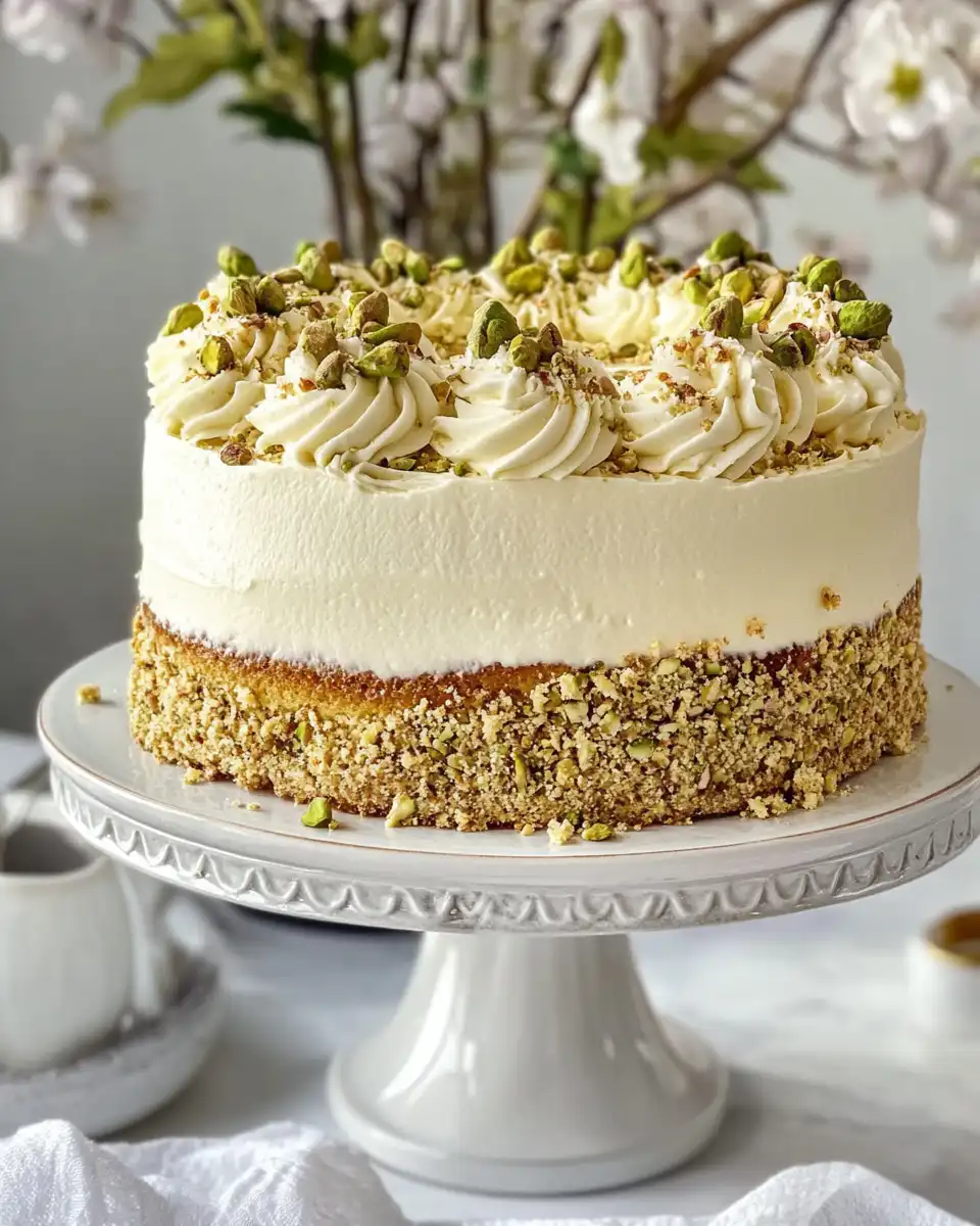 Slice of pistachio mascarpone cake showing creamy layers and frosting