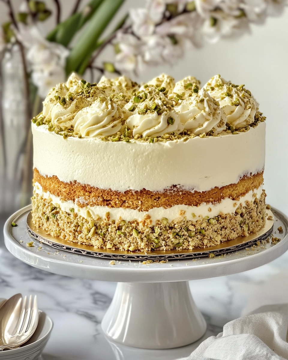 Fresh pistachio mascarpone layer cake batter preparing