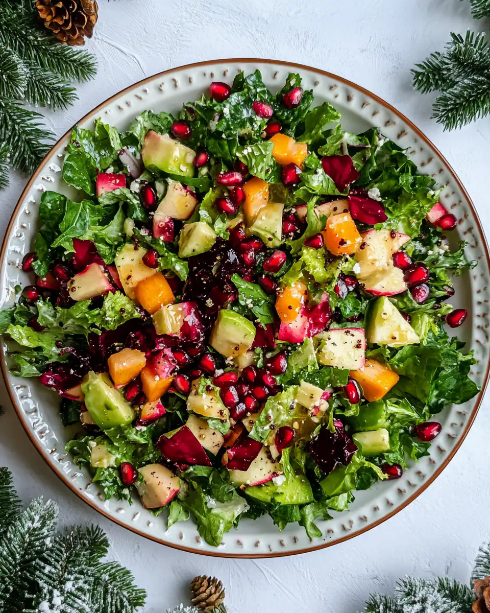 Served pomegranate Christmas salad with dressing drizzled on top ready to eat