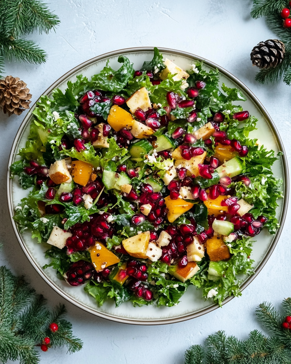 Fresh pomegranate Christmas salad with honey mustard dressing in a bowl