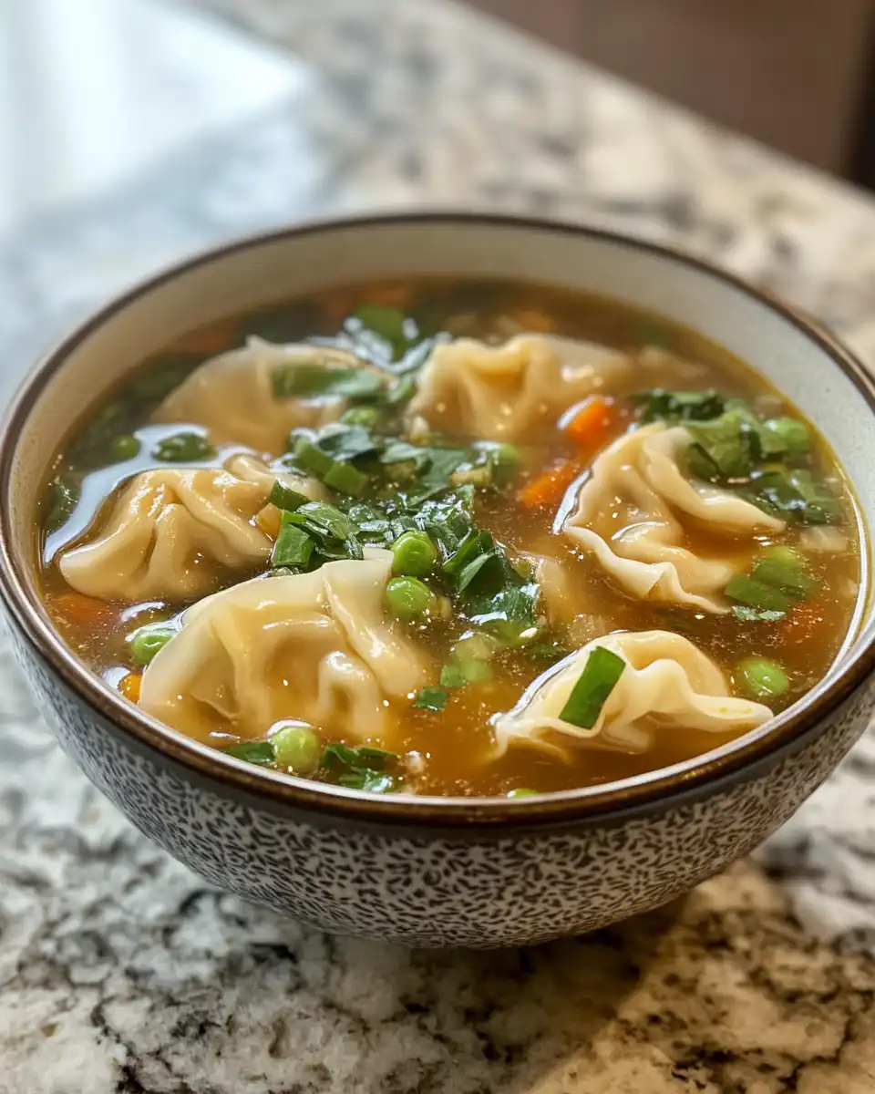 Bowl of finished potsticker soup ready to enjoy