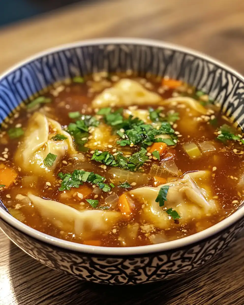 Close-up of chicken potsticker soup with spinach and chili crisp