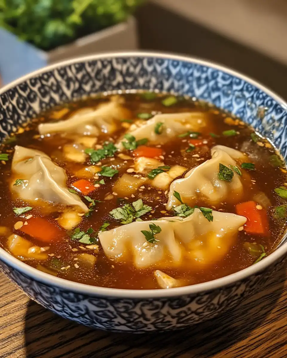 Steaming bowl of chicken potsticker soup in pressure cooker