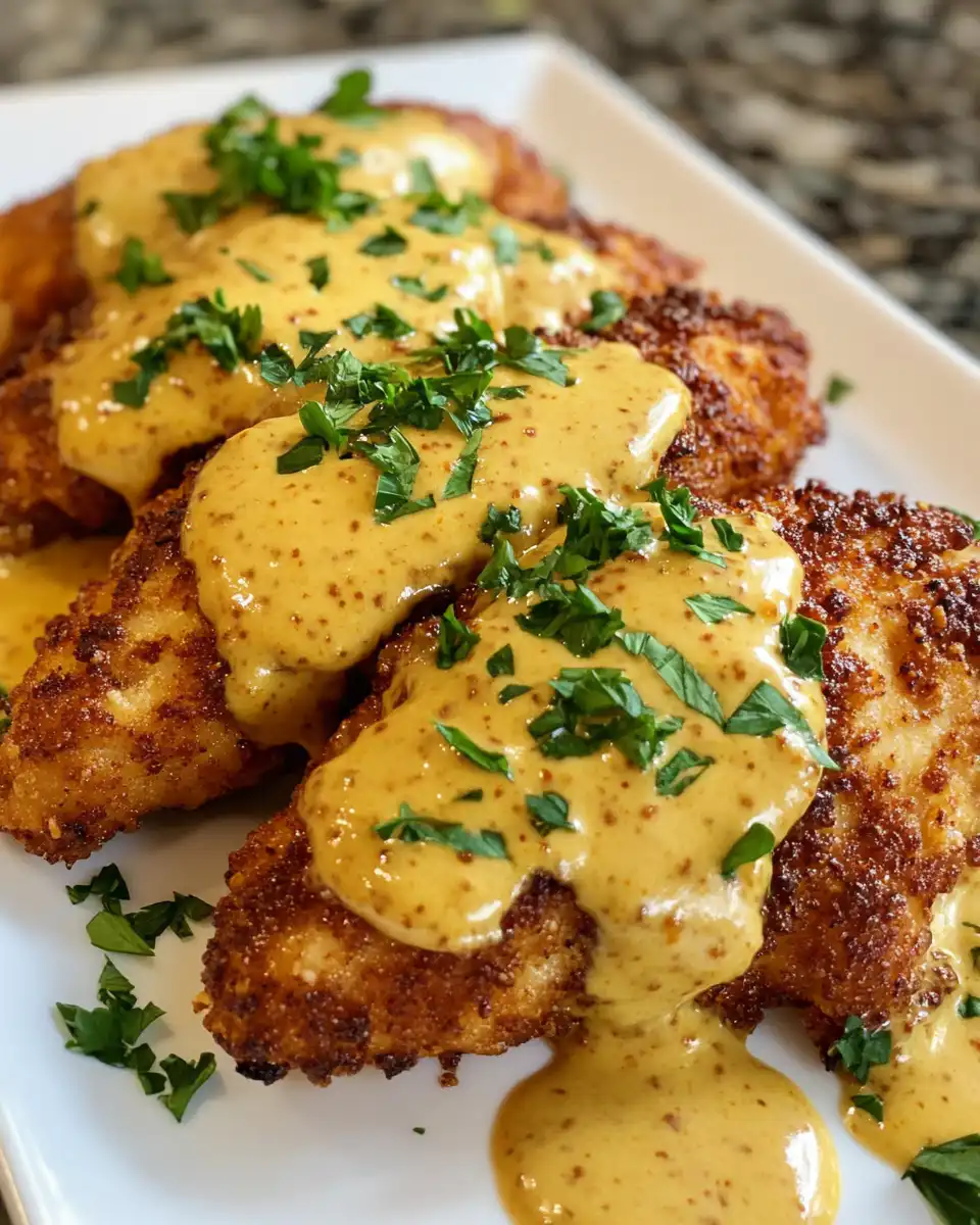 Golden fried pretzel crusted chicken served with creamy mustard cheddar sauce garnished with parsley
