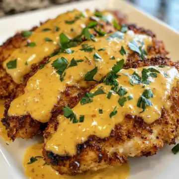 Pretzel Chicken With Mustard Cheddar Sauce taken with iphone 15 pro max --iw 2 --ar 4:5 --v 6.1 --raw