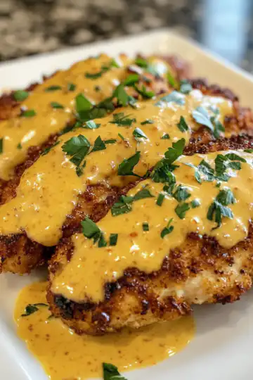 Pretzel Chicken With Mustard Cheddar Sauce taken with iphone 15 pro max --iw 2 --ar 4:5 --v 6.1 --raw