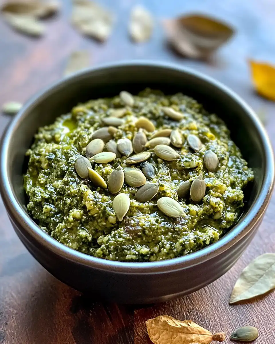 Finished pumpkin seed pesto in jar ready to serve