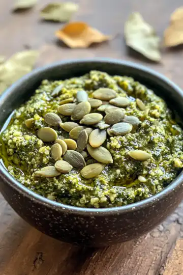 Pumpkin Seed Pesto Nut Free taken with iphone 15 pro max --iw 2 --ar 4:5 --v 6.1 --raw