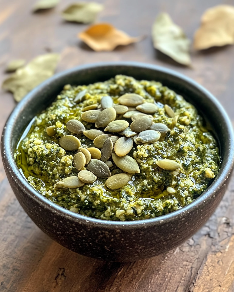 Fresh pumpkin seed pesto in jar with vibrant green color
