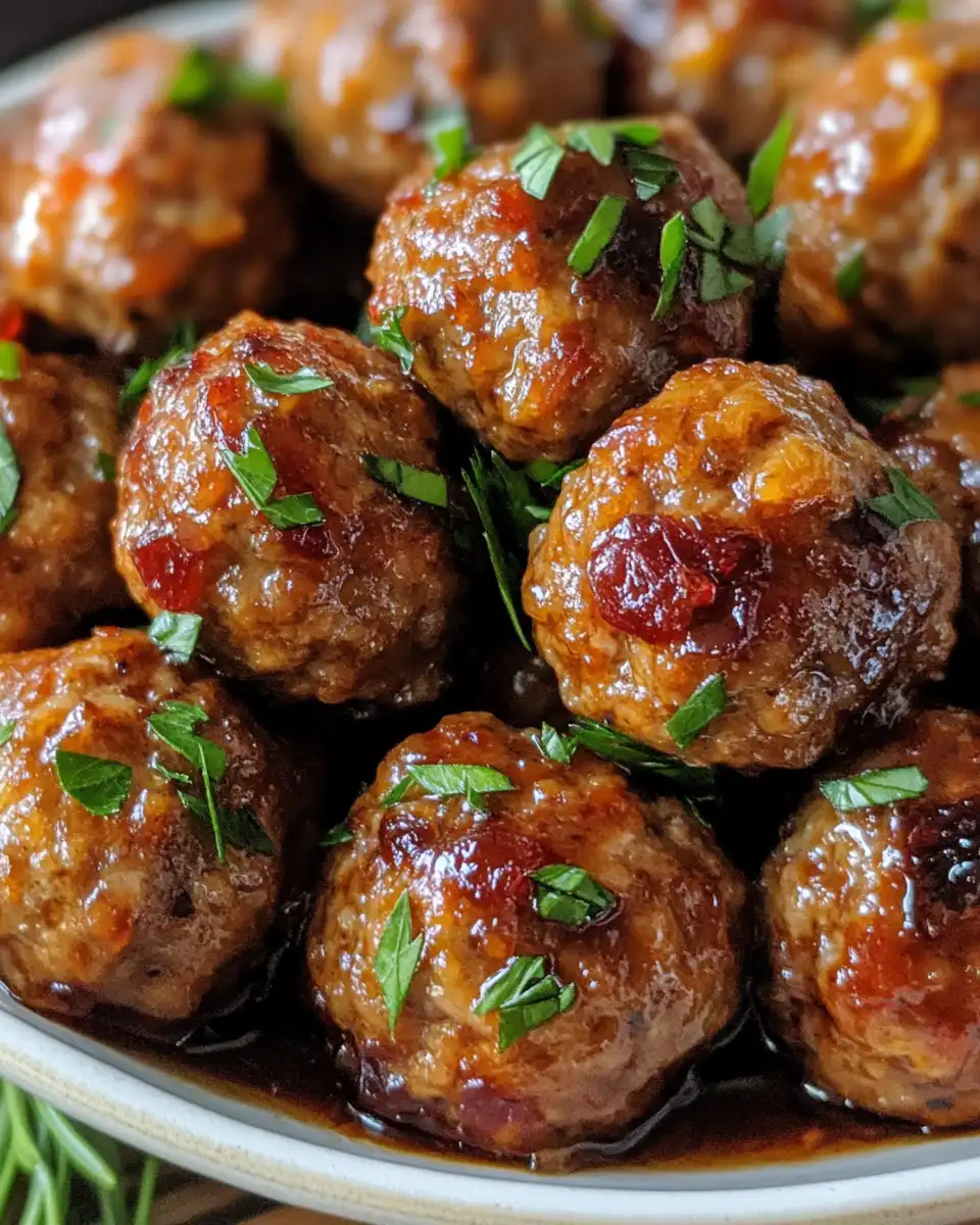 Serving of cranberry meatballs coated in thick sauce ready to eat on a plate