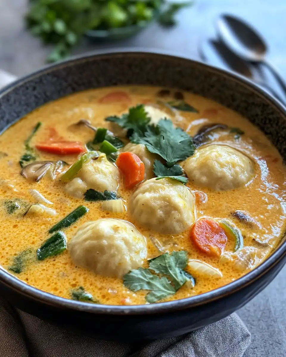 Close-up of a bowl filled with creamy coconut curry soup and garnished dumplings