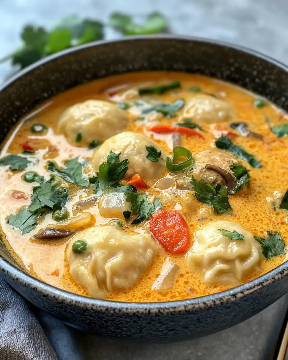 Steaming pressure cooker with coconut curry soup and plump dumplings