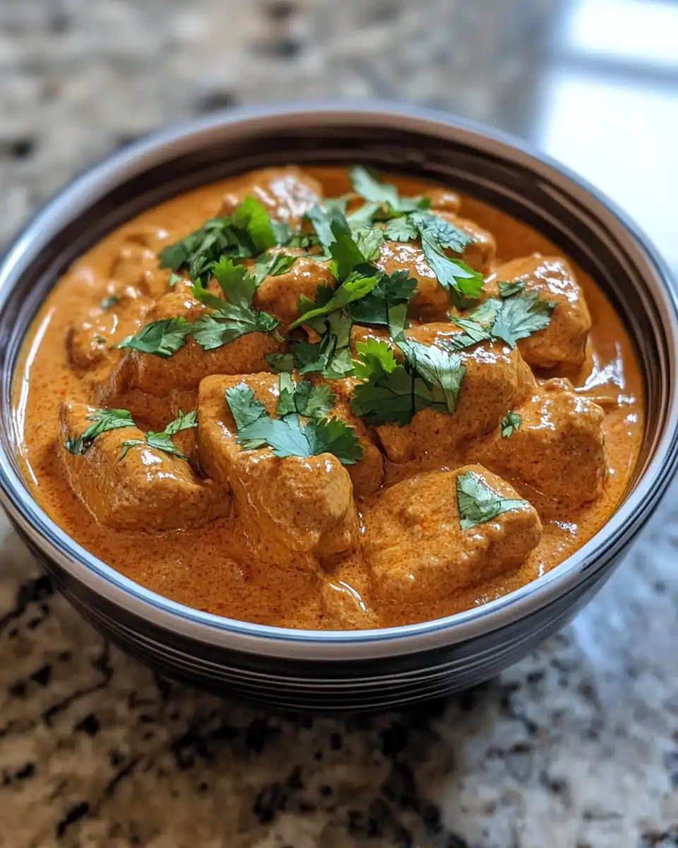 Creamy finished butter chicken served with basmati rice and fresh herbs