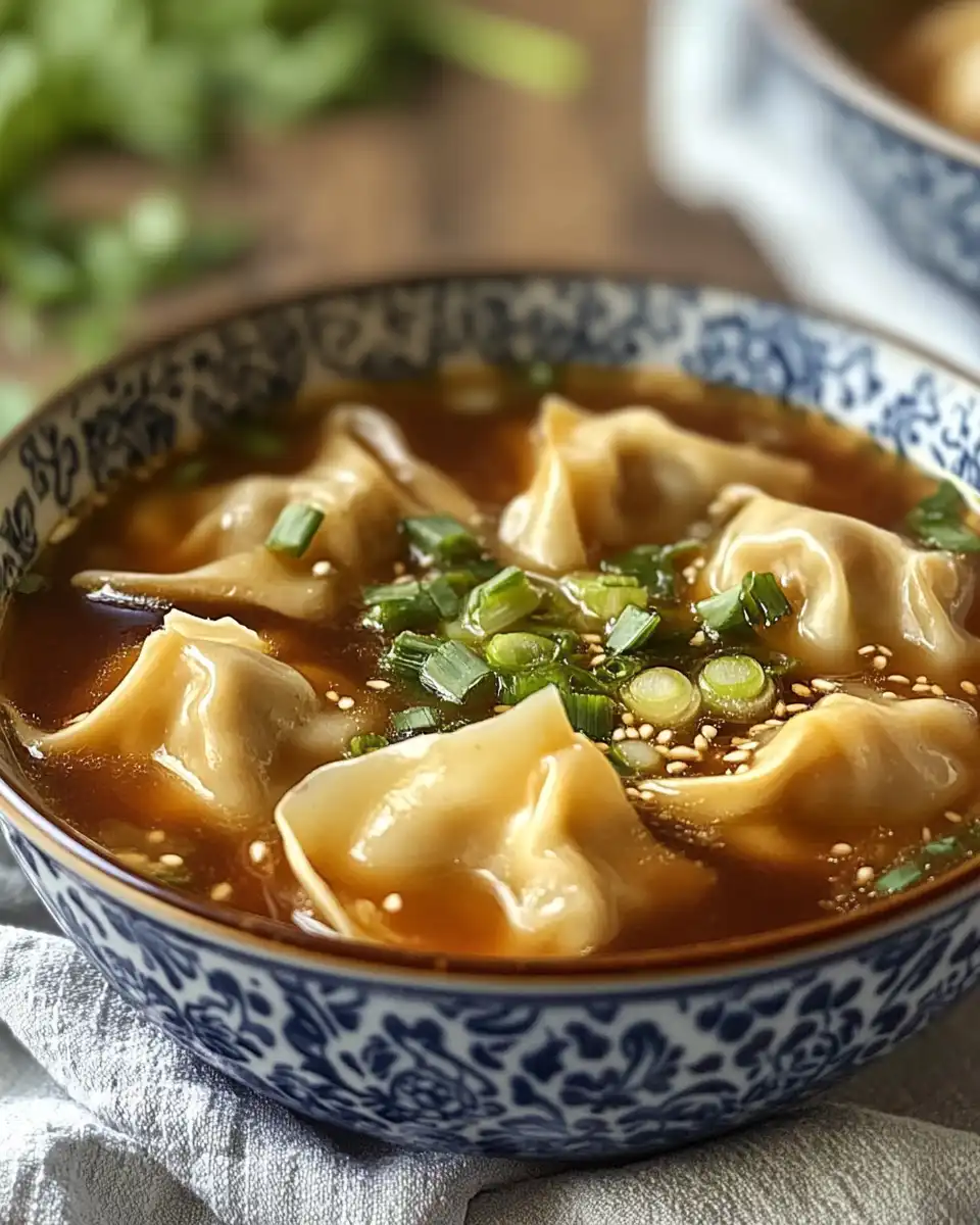 Final serving of quick and easy wonton soup with fresh green onions and steam rising
