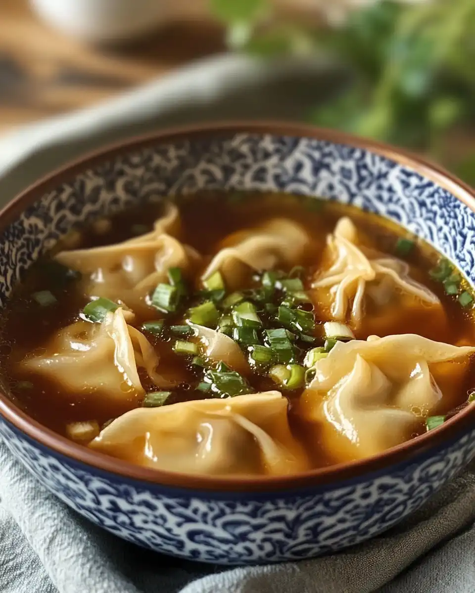 Steaming bowl of quick and easy wonton soup fresh from the pressure cooker