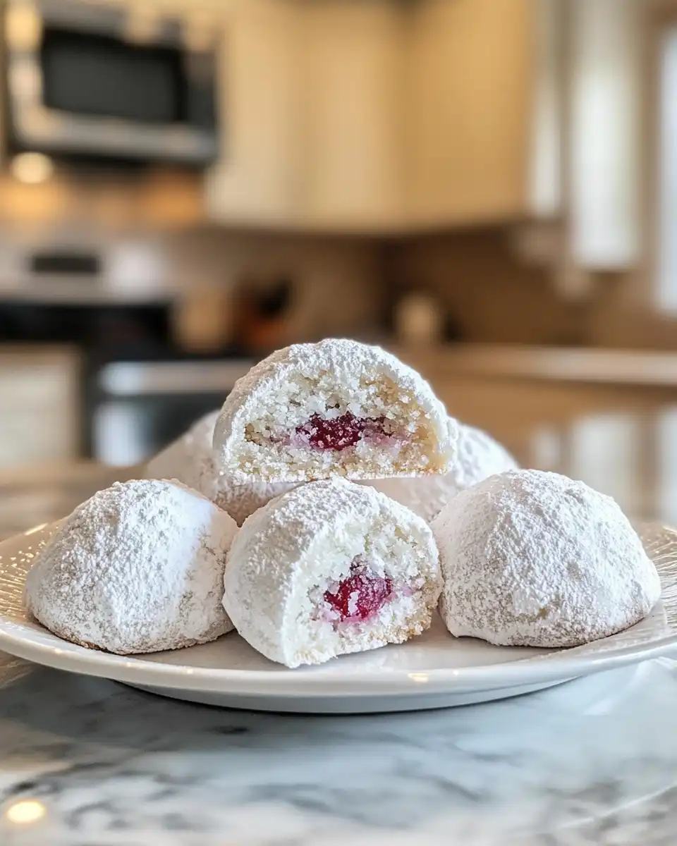 Close up of powdered sugar coated raspberry almond snowball cookies