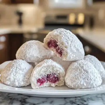 Raspberry Filled Almond Snowball Cookies Almond Cooking Technique taken with iphone 15 pro max --iw 2 --ar 4:5 --v 6.1 --raw