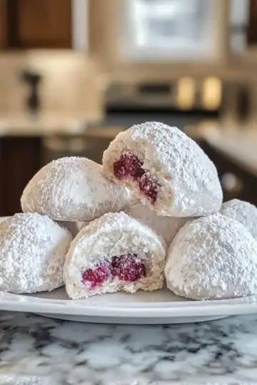 Raspberry Filled Almond Snowball Cookies Almond Cooking Technique taken with iphone 15 pro max --iw 2 --ar 4:5 --v 6.1 --raw