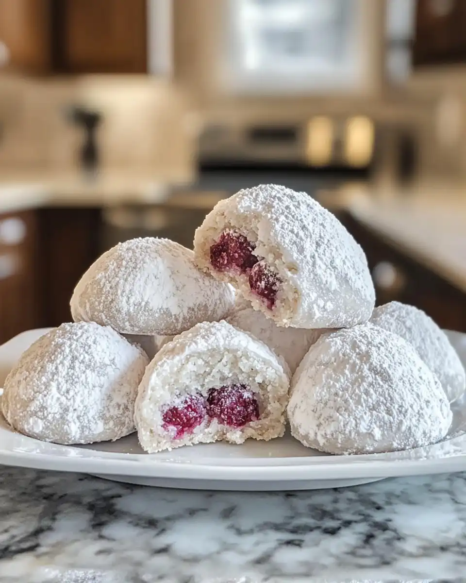 Raspberry filled almond snowball cookies fresh from the oven
