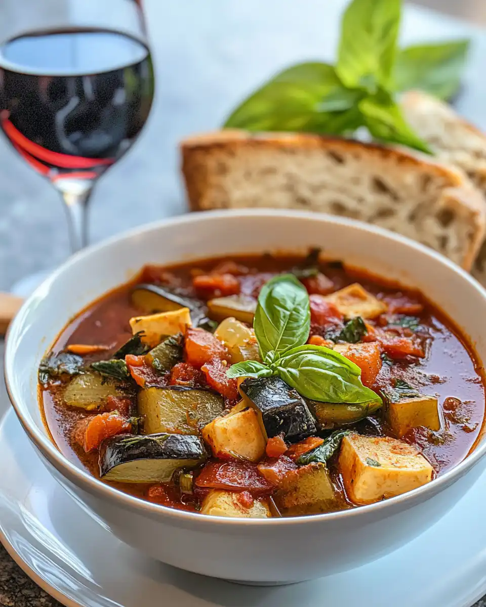 Bowl of ratatouille soup fresh from the pot, ready to serve