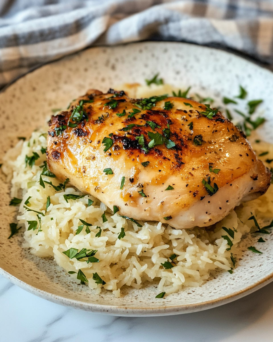 Creamy finished Poulet Crémeux Riz Fondant served ready to eat