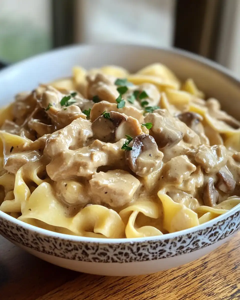 Ingredients for chicken stroganoff including mushrooms, sour cream, chicken chunks in pot