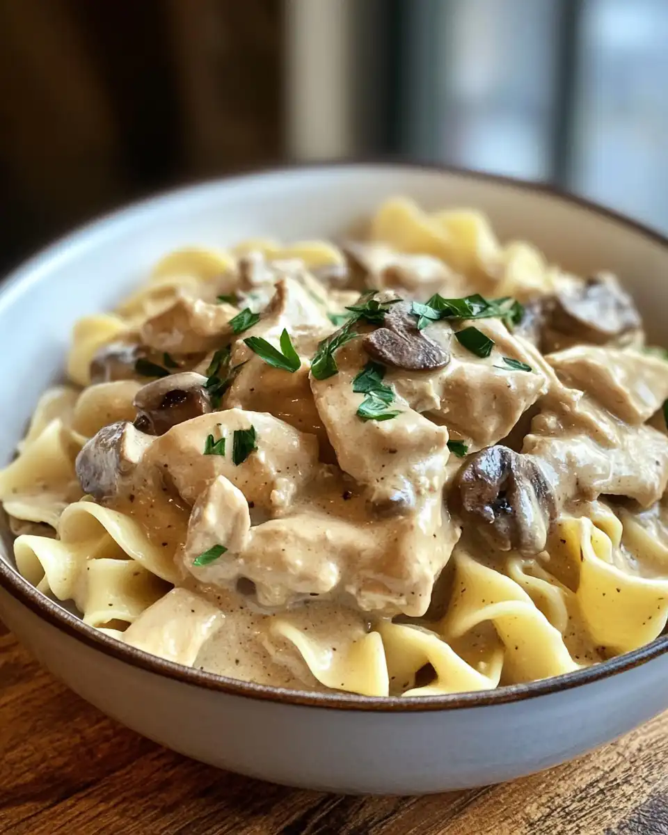 Plated chicken stroganoff served over rice with creamy sauce and mushrooms