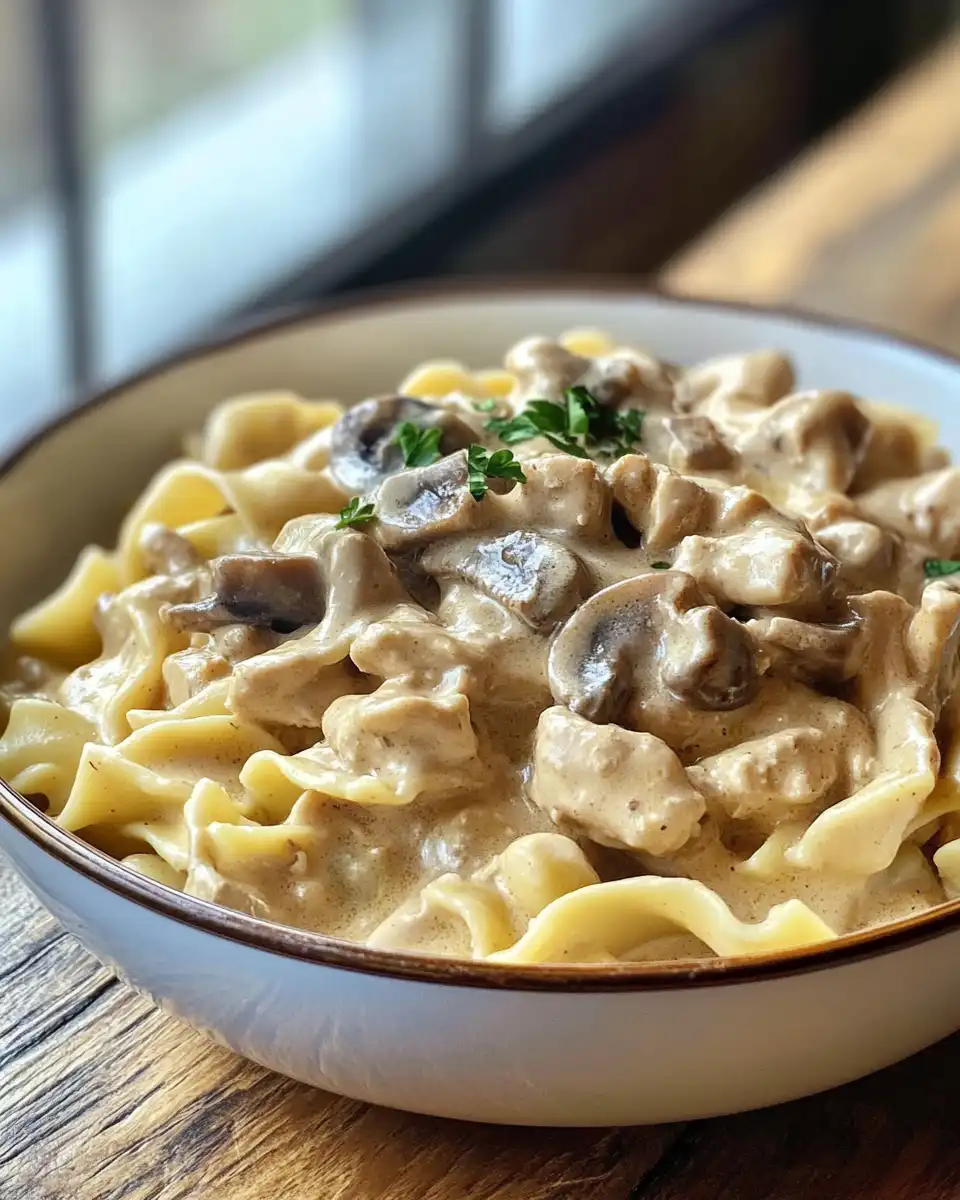 Close up of rich chicken stroganoff cooking in a pressure cooker with tender creamy sauce