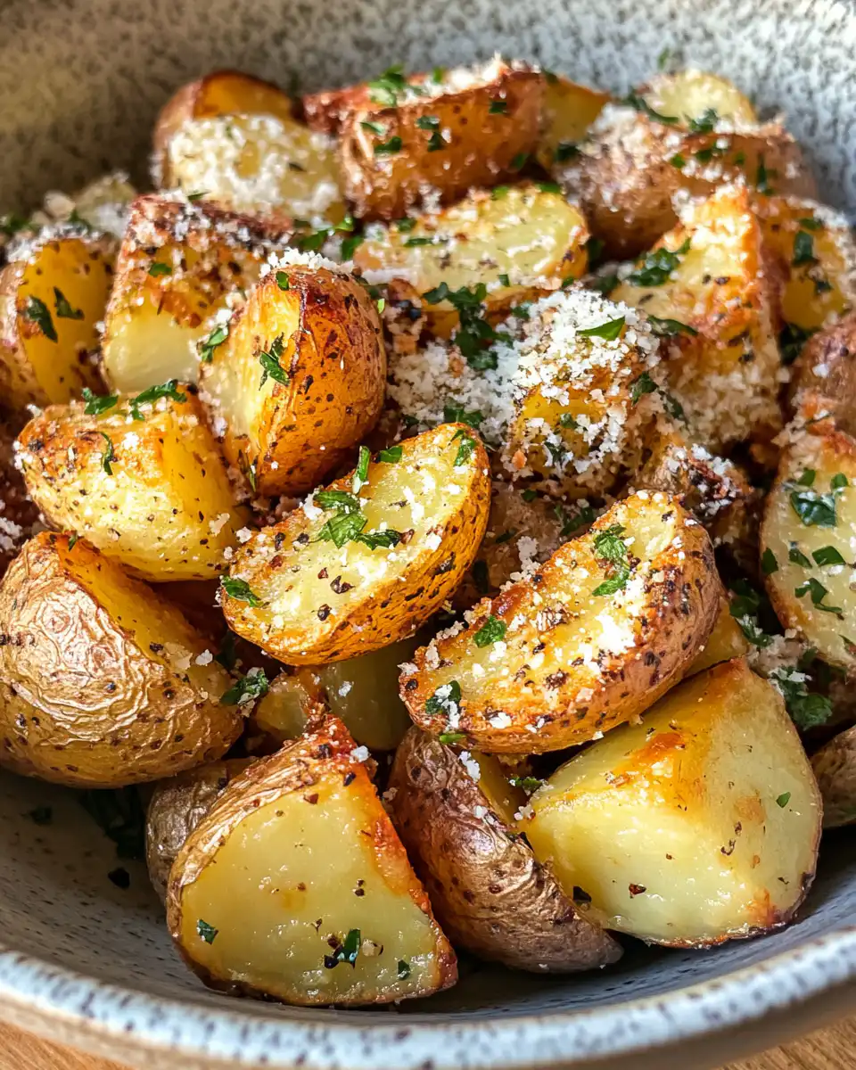 Halved baby potatoes tossed in garlic butter and herbs for roasting