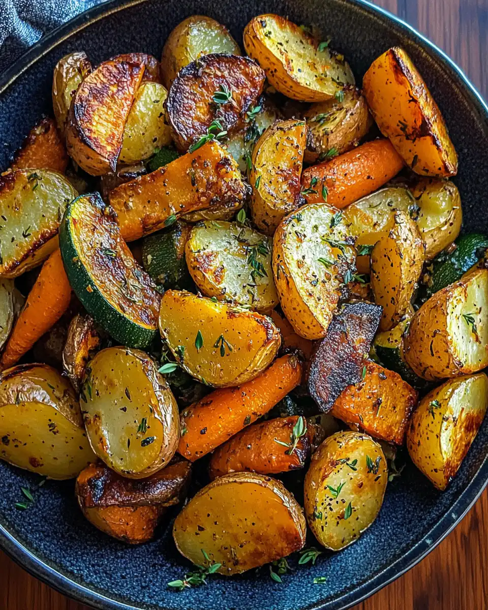 Roasted potatoes, carrots, and zucchini on a baking sheet fresh from the oven