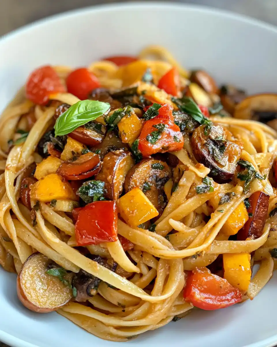 Plate of finished roasted vegetable pasta with garnishes and cheese