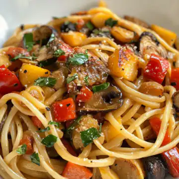 Roasted Vegetable Pasta taken with iphone 15 pro max --iw 2 --ar 4:5 --v 6.1 --raw
